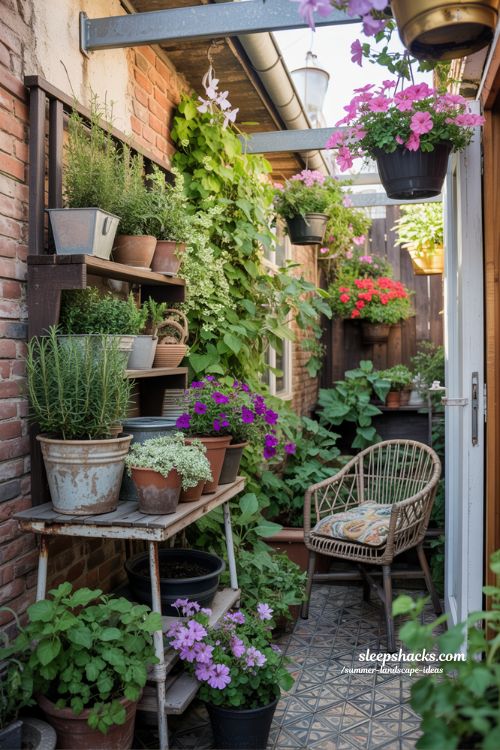 small backyard vertical garden on brick wall with trellis and potted plants