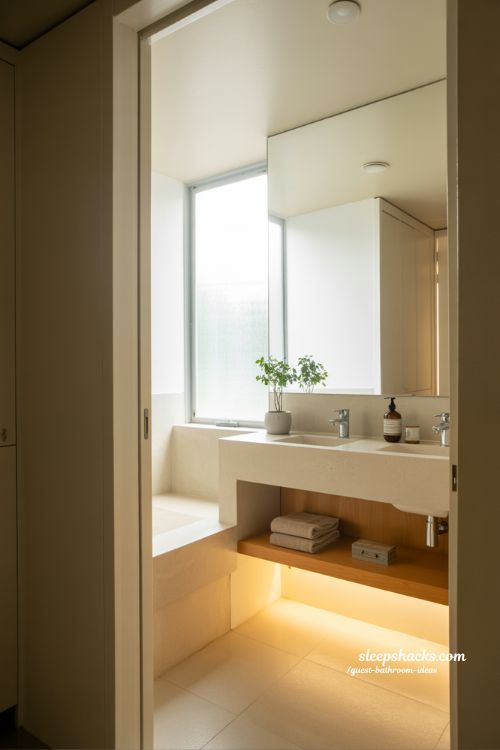 small guest bathroom ideas that feel spacious with floating shelves and minimal modern design