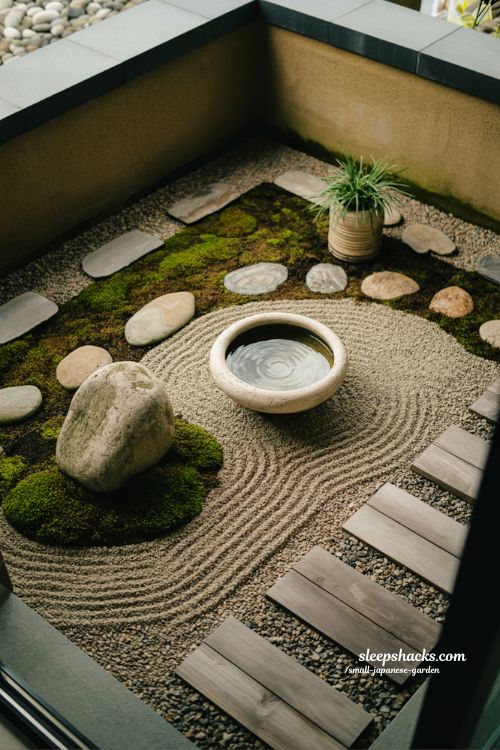small japanese garden balcony zen space with stones gravel moss and minimal natural design aesthetic