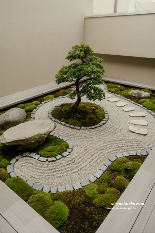 small japanese garden design tiny space balcony zen layout with bonsai stones and curved gravel pathway