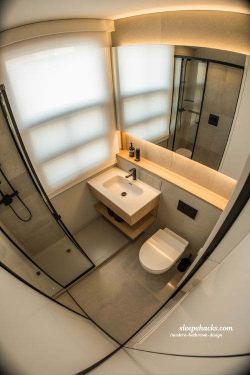 small modern bathroom design with space saving floating vanity and minimalist compact layout ideas