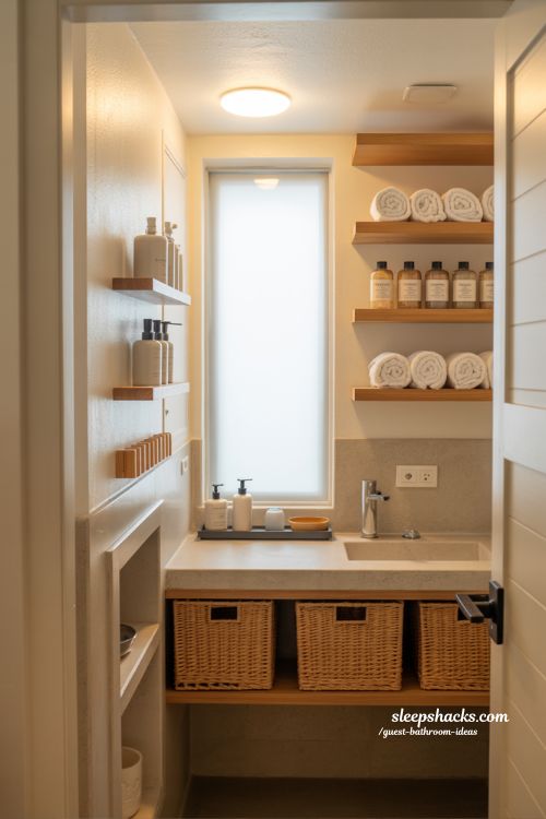 smart storage guest bathroom ideas with floating shelves and clutter free modern organization design