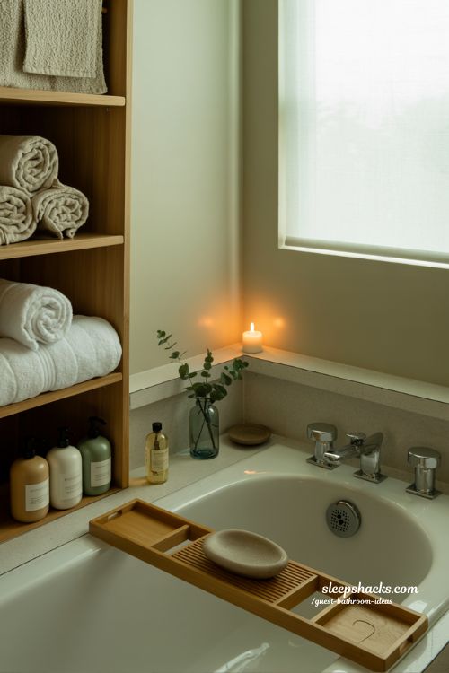 spa inspired guest bathroom ideas with calming sage tones and natural wood retreat design