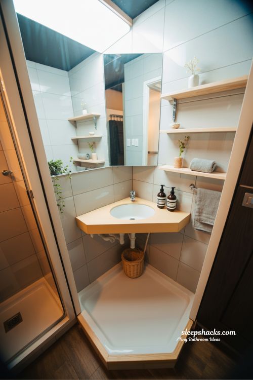 tiny bathroom with corner sink triangular vanity wall mounted storage space saving design