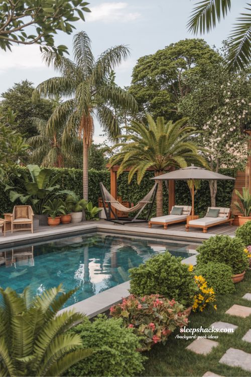 tropical backyard pool ideas lush greenery