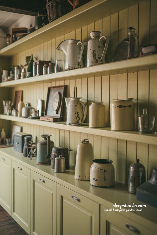vintage kitchenware above cabinet decor ideas with enamel pitchers and antique scales for cozy rustic farmhouse storytelling kitchen style