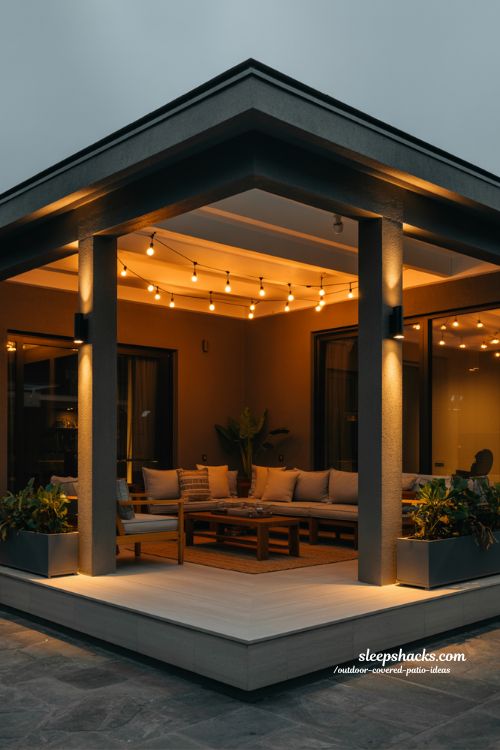 warm outdoor patio lighting design with string lights and cozy evening ambiance under covered modern structure
