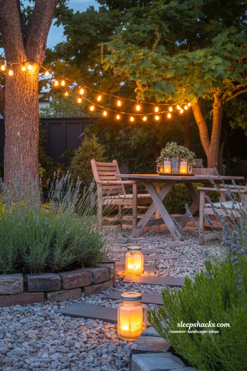 warm outdoor string lights and solar lanterns in a summer garden for evening ambiance