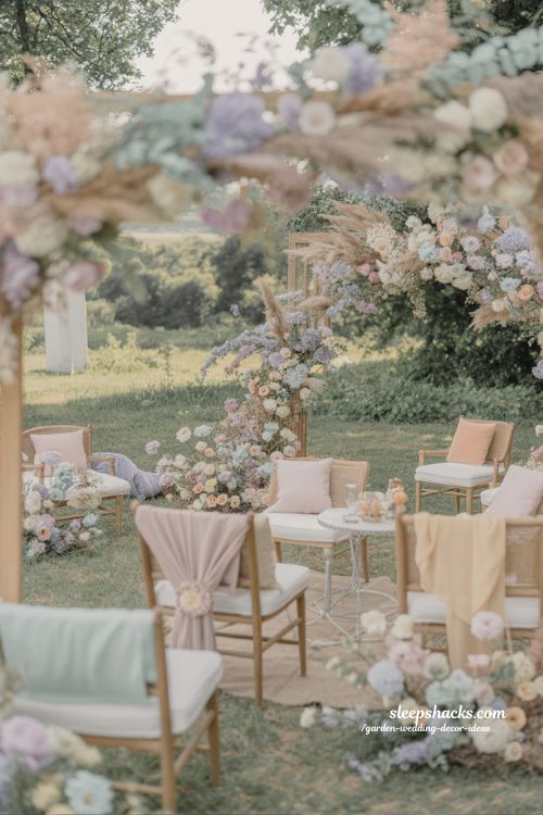 whimsical garden wedding theme ideas with soft pastel colors and romantic outdoor decor 