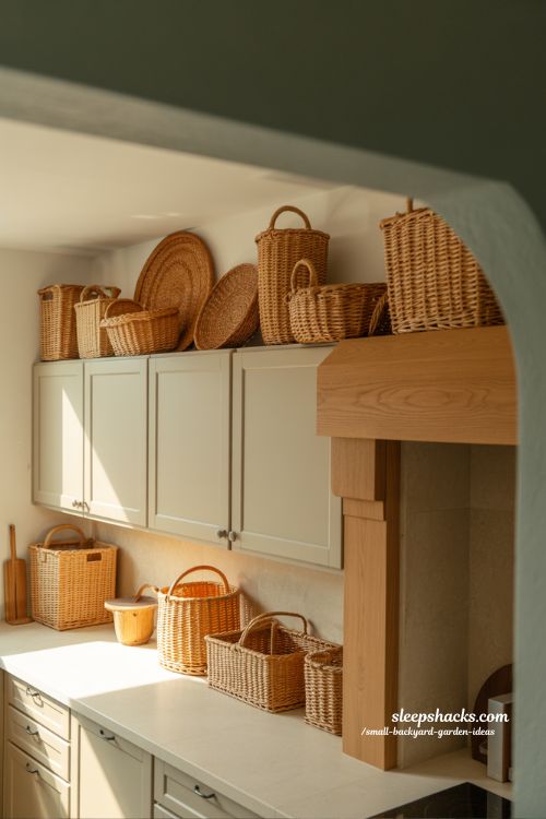 woven basket above cabinet decor ideas for warm textured farmhouse kitchen styling with natural cozy neutral tones