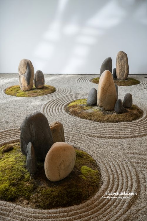 zen stone layout ideas small japanese garden with asymmetrical rock groups moss and raked gravel minimalist design