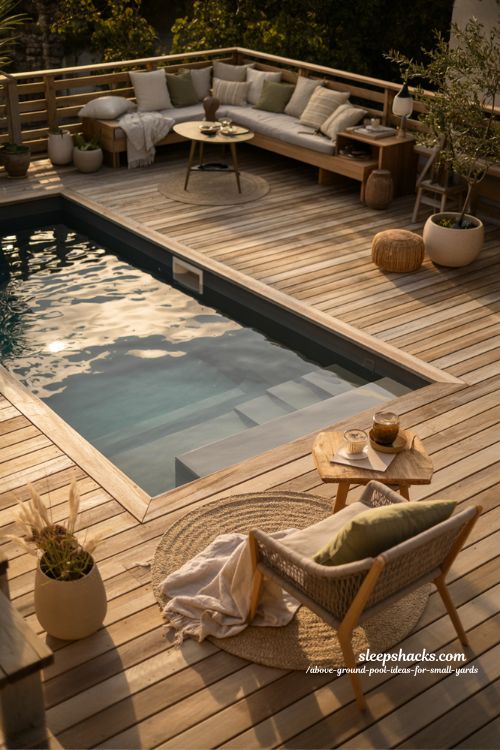 Above ground pool deck ideas for small backyards with cozy outdoor living space 