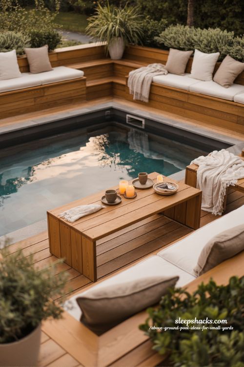 Above ground pool seating ideas for cozy small backyard gatherings 