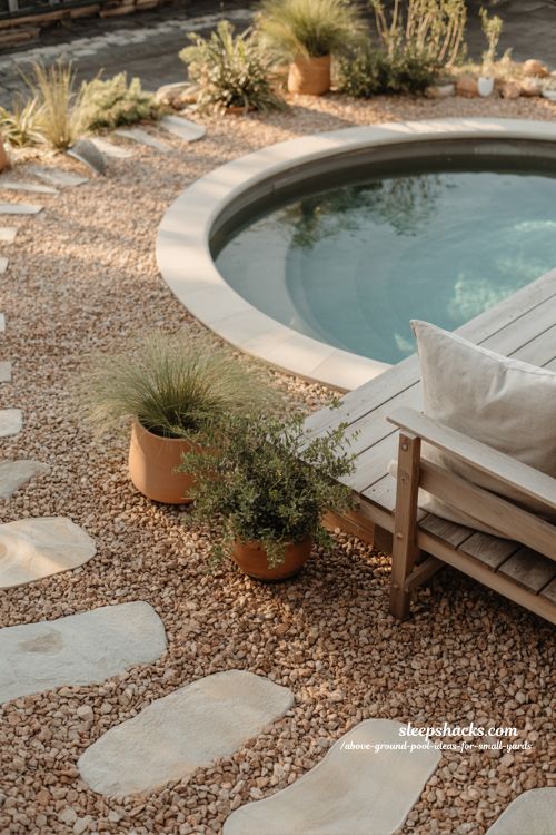 Above ground pool with gravel edge ideas for cozy small backyard spaces 