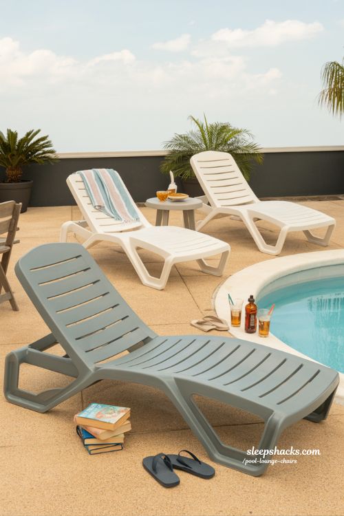 Affordable set of four pool lounge chairs around a cozy family backyard swimming pool 