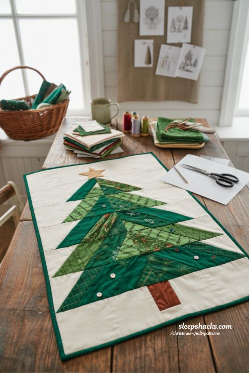 Appliqué christmas tree quilt with folk art holiday design and button ornament details 