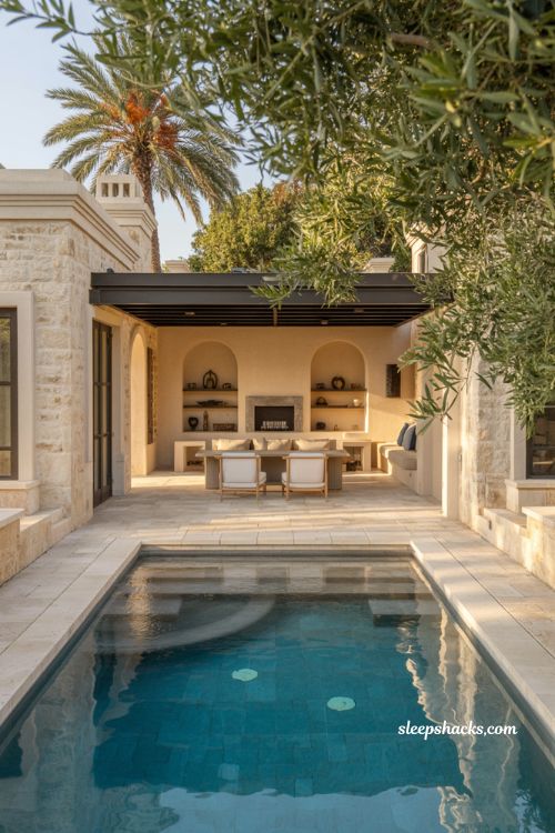 Luxury backyard pool with modern poolhouse cabana and outdoor living space with bar seating and cohesive architectural garden design