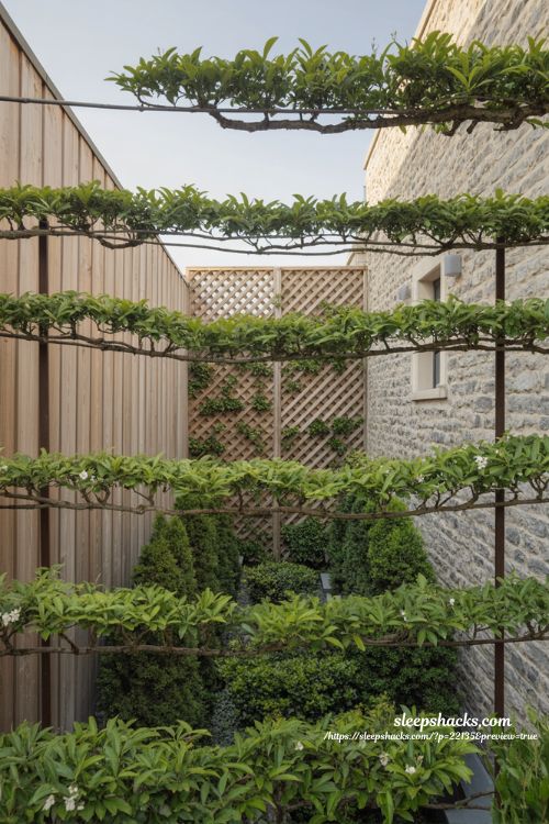 Backyard privacy ideas with espaliered trees and evergreen climbers on fence wall design