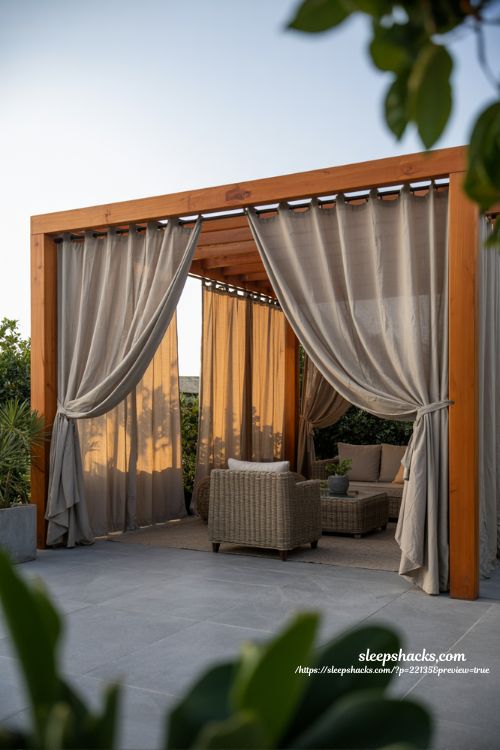 Backyard privacy ideas with outdoor curtains on pergola for soft resort style outdoor room design