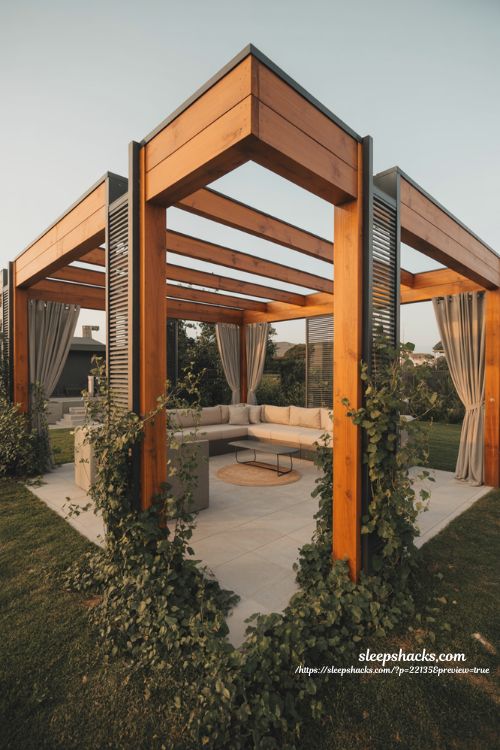 Backyard privacy ideas with pergola design for defined outdoor living and shaded garden zone