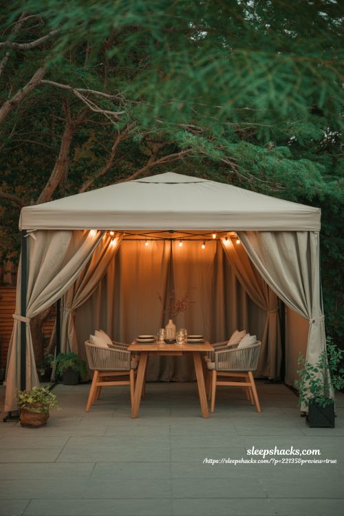Backyard privacy ideas with pop-up canopy and curtains for flexible outdoor dining space design