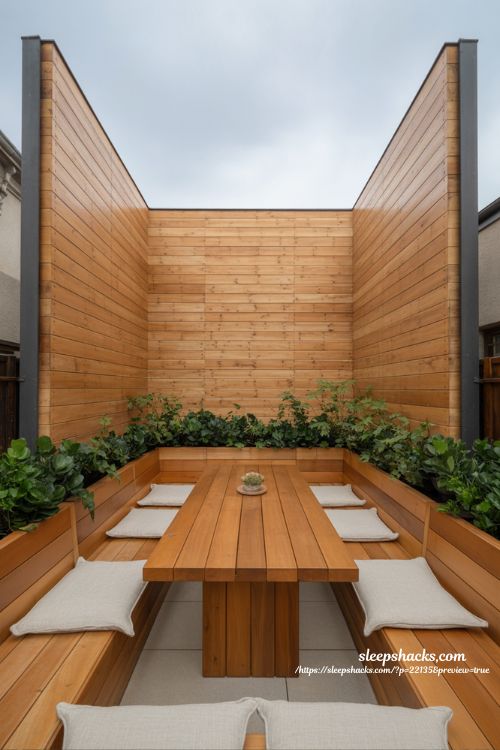 Backyard privacy ideas with raised dining terrace and high wooden walls for urban outdoor living