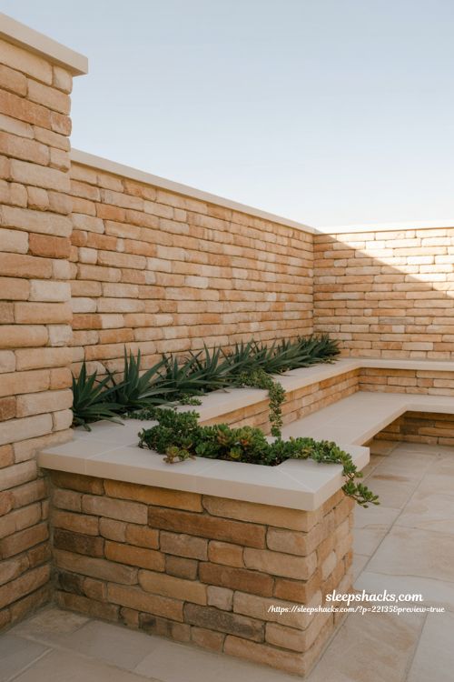 Backyard privacy ideas with stone or brick privacy wall for modern outdoor courtyard design