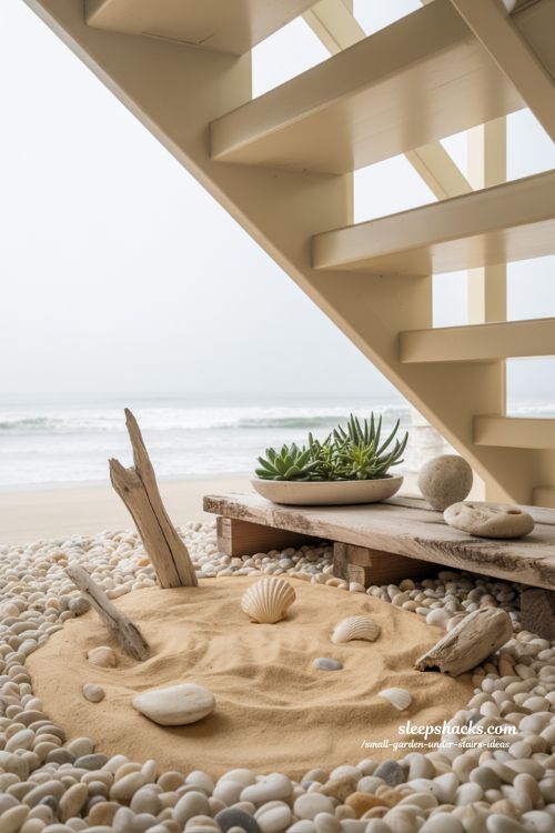 Beach inspired pebble garden under stairs with sand driftwood and coastal calm indoor decor 
