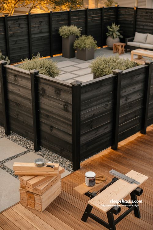 Black stained cedar privacy fence diy backyard design on a budget 