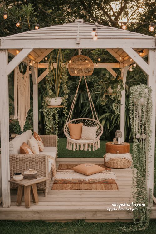 Boho outdoor gazebo ideas with woven rattan and macrame decor