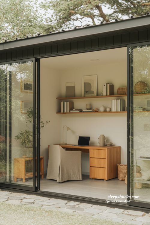 Calm garden office retreat minimal home workspace with natural light and peaceful productivity design