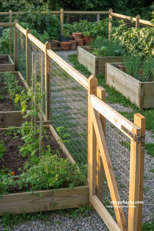 Chicken wire fence ideas with wood frame garden enclosure and cottage vegetable garden design