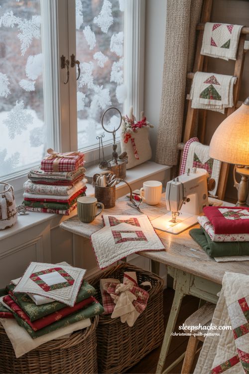 Christmas quilt patterns in cozy vintage farmhouse sewing room