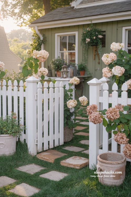 Classic white picket fence ideas with hydrangeas and cottage front yard landscaping