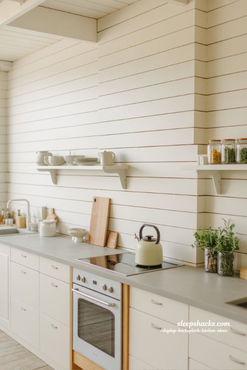 Clean white shiplap backsplash kitchen ideas for a bright airy and modern farmhouse feel