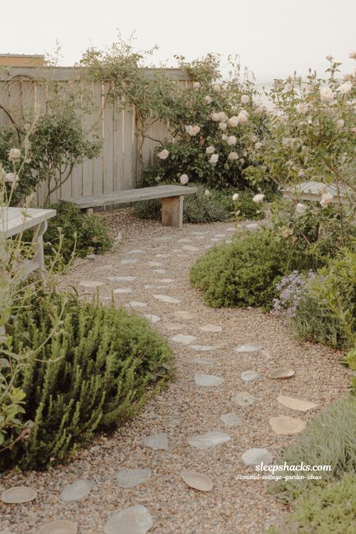 Coastal cottage garden gravel path ideas with curved walkway and soft natural planting