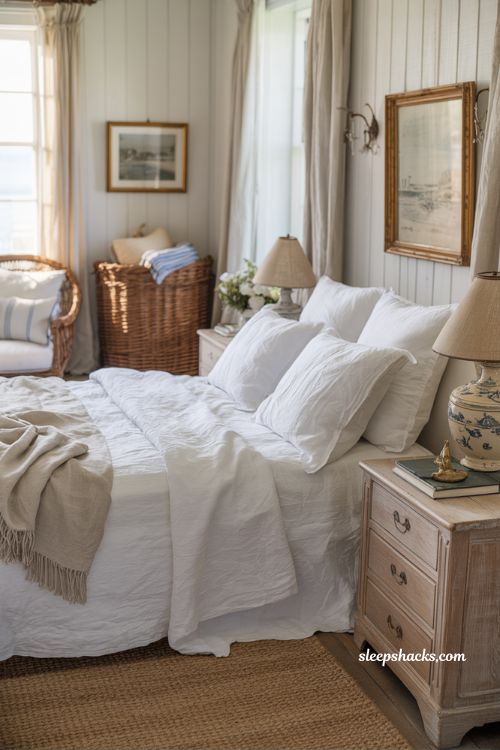 Coastal grandma bedroom ideas with soft linen textures and breezy vintage decor