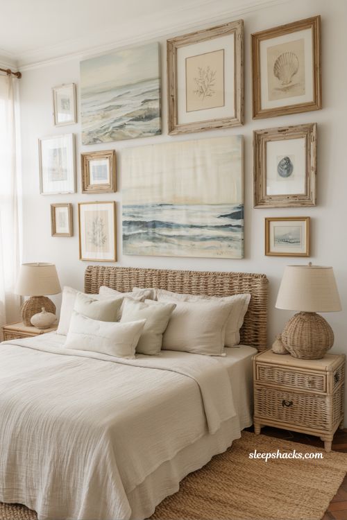 Coastal grandma bedroom with collected coastal wall art and soft vintage-inspired decor