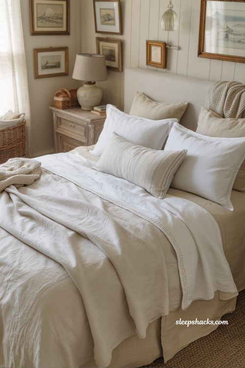 Coastal grandma bedroom with crisp white bedding and soft layered linen textures