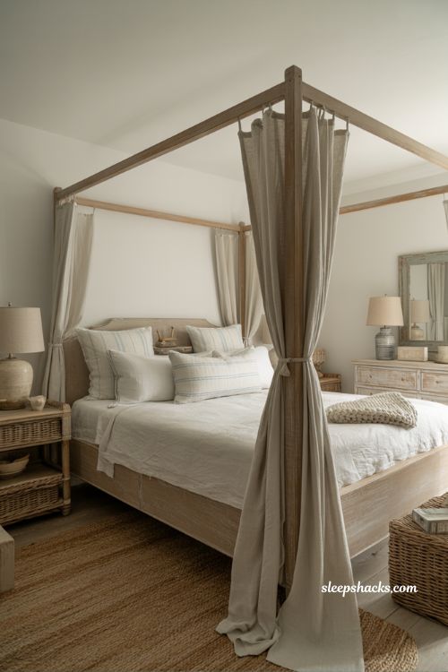Coastal grandma bedroom with four-poster bed and soft linen coastal styling