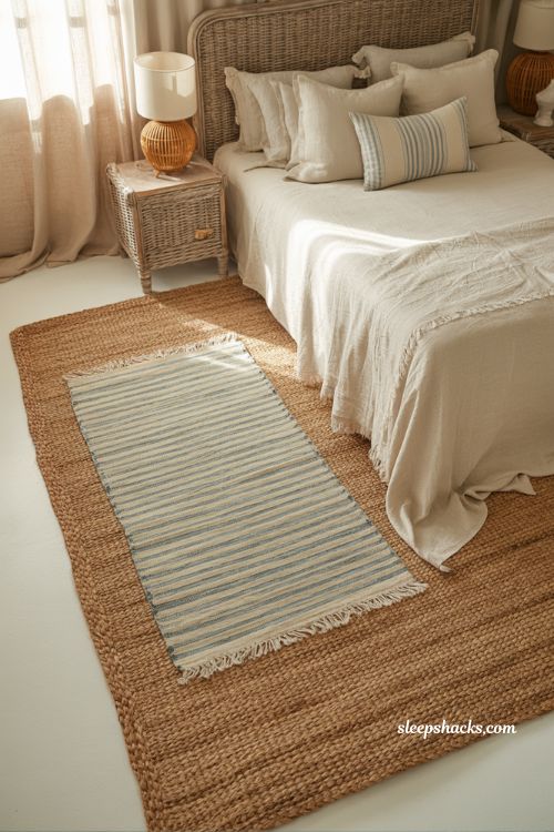 Coastal grandma bedroom with layered jute rug and soft natural textures