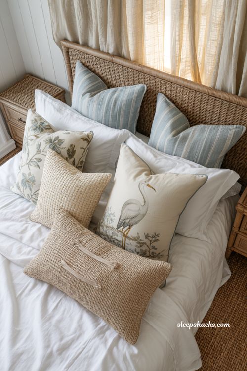 Coastal grandma bedroom with layered throw pillows in soft coastal textures and muted prints