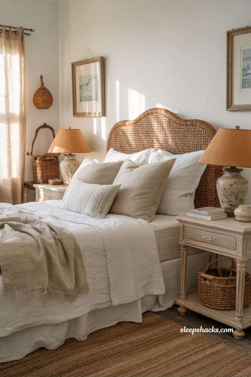Coastal grandma bedroom with woven rattan cane headboard and soft neutral textures