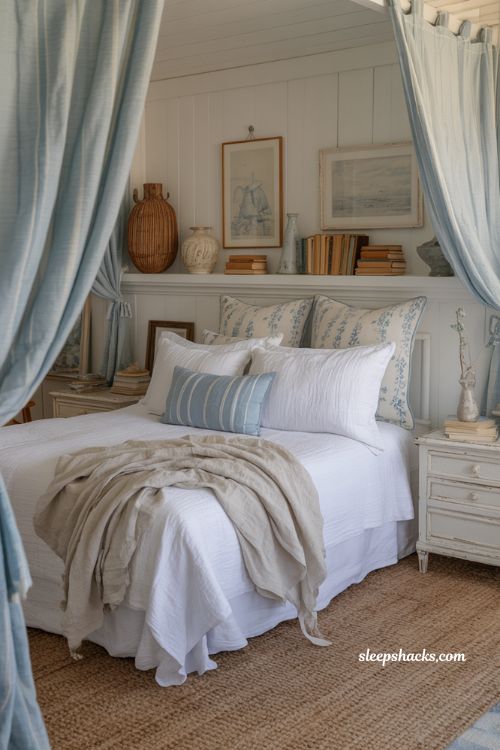 Coastal grandma bedroom with soft blue accents and airy layered coastal decor