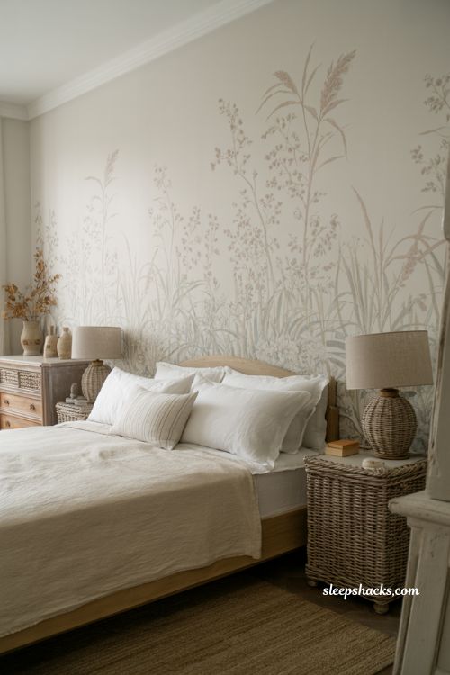 Coastal grandma bedroom with soft botanical wallpaper accent wall behind white linen bed