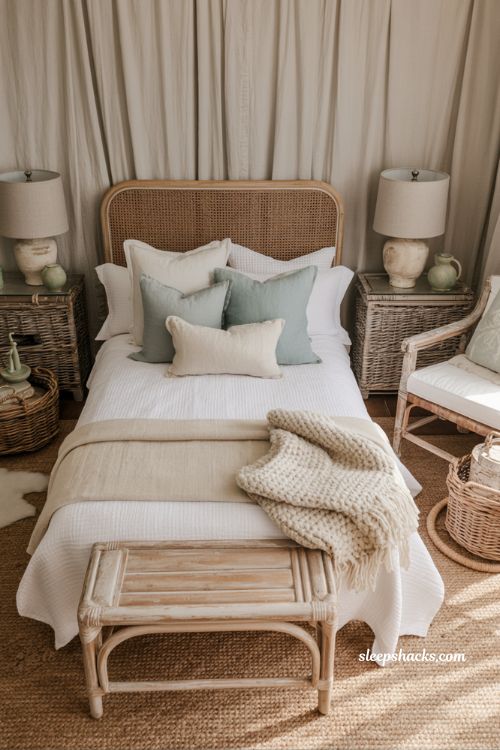 Coastal grandma bedroom with soft layered seasonal color palette in neutral coastal tones