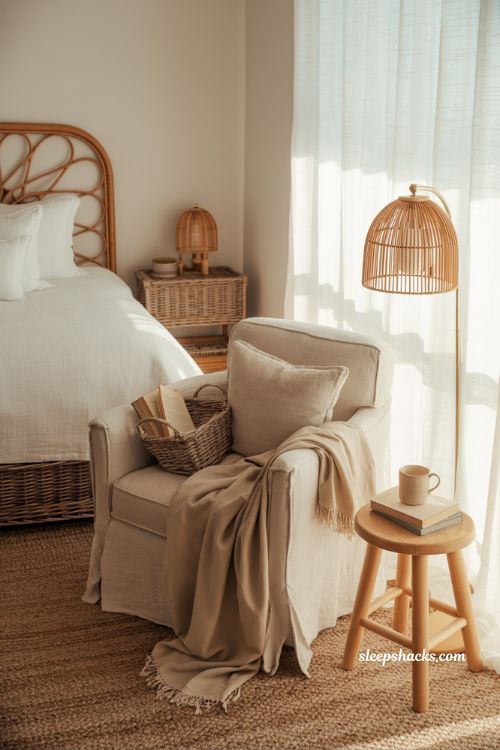 Coastal grandma bedroom reading nook with oversized armchair and soft linen coastal styling