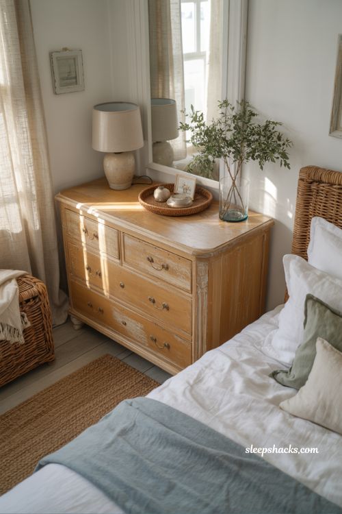 Coastal grandma bedroom with vintage wooden dresser and soft natural coastal decor