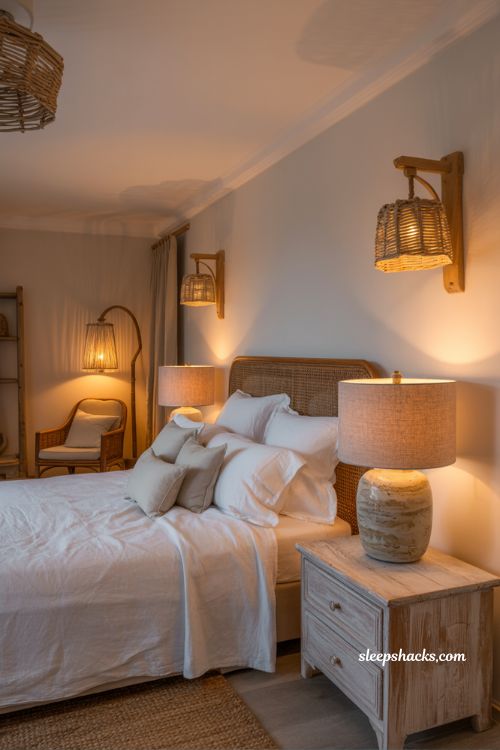 Coastal grandma bedroom with warm ambient layered lighting and soft glowing coastal atmosphere