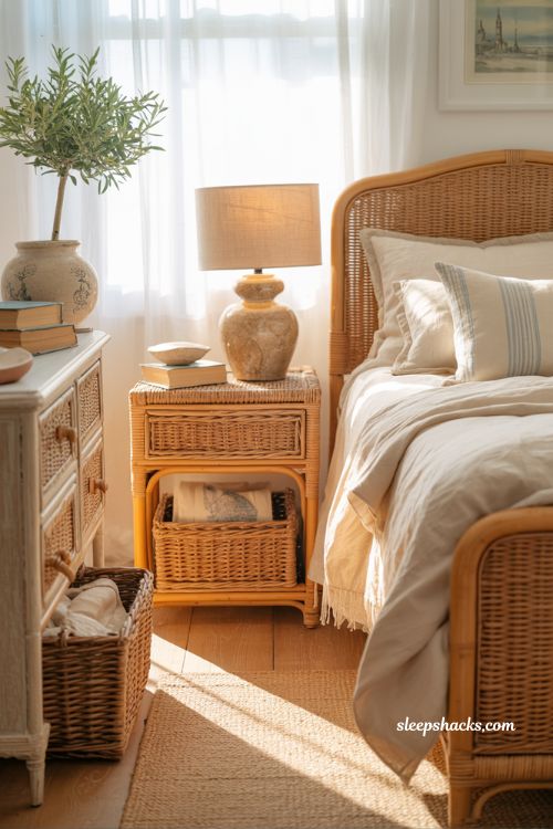 Coastal grandma bedroom with wicker nightstands and warm rattan furniture details